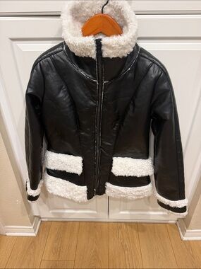 Alp N Rock Black Leather Jacket with White Shearling Trim